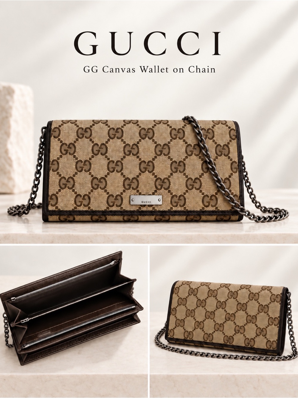 Gucci GG Canvas Continental Wallet-on-Chain in Beige and Brown POP